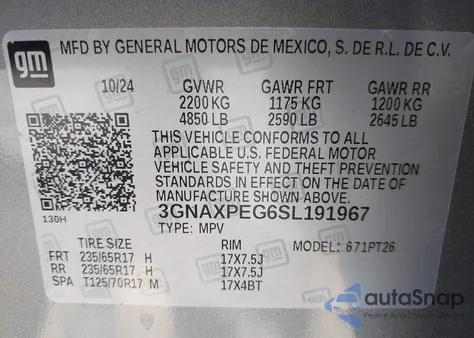 2025 Chevrolet Equinox Awd Lt z USA, uszkodzony, nr VIN 3GNAXPEG6SL191967